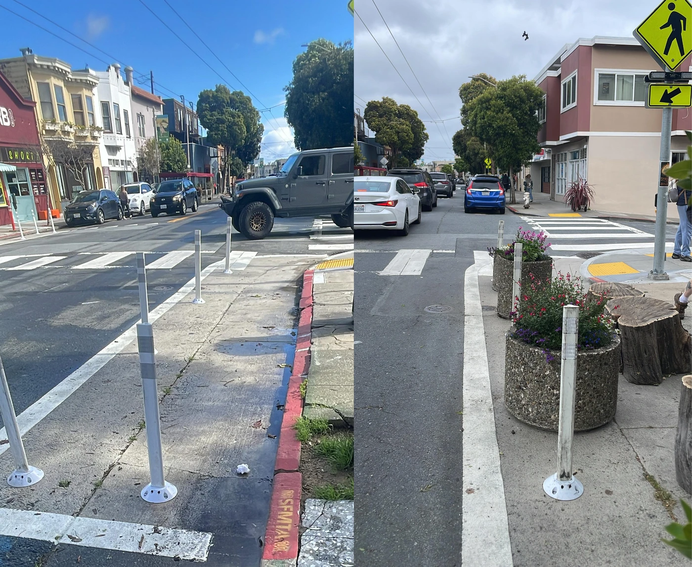 Before-and-after of the east side of Cortland and Moultrie showing the new Community Corner light green daylighting