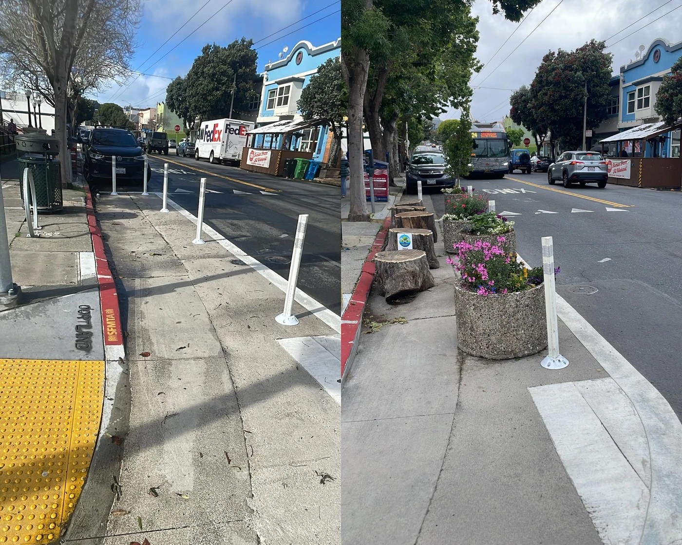 Before-and-after of the west side of Cortland and Moultrie showing the new Community Corner light green daylighting