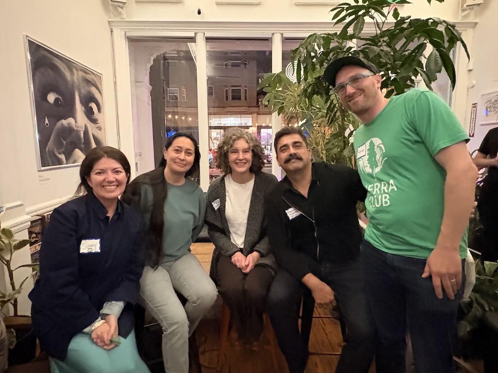 Panelists Sara Moncada, Stephen Torres, Sarah Minick, moderator Sunny Angulo, and Kieran Farr at the Mission greening panel at Studio Aurora
