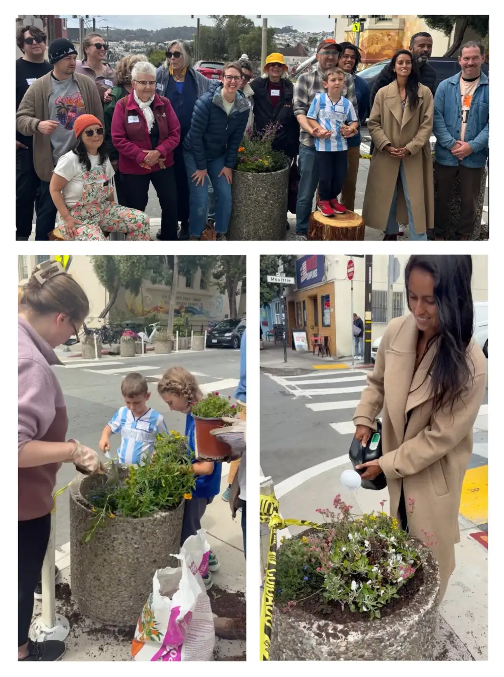 Collage of volunteers installing planters and greenery at the Cortland and Moultrie Community Corner during One City Day